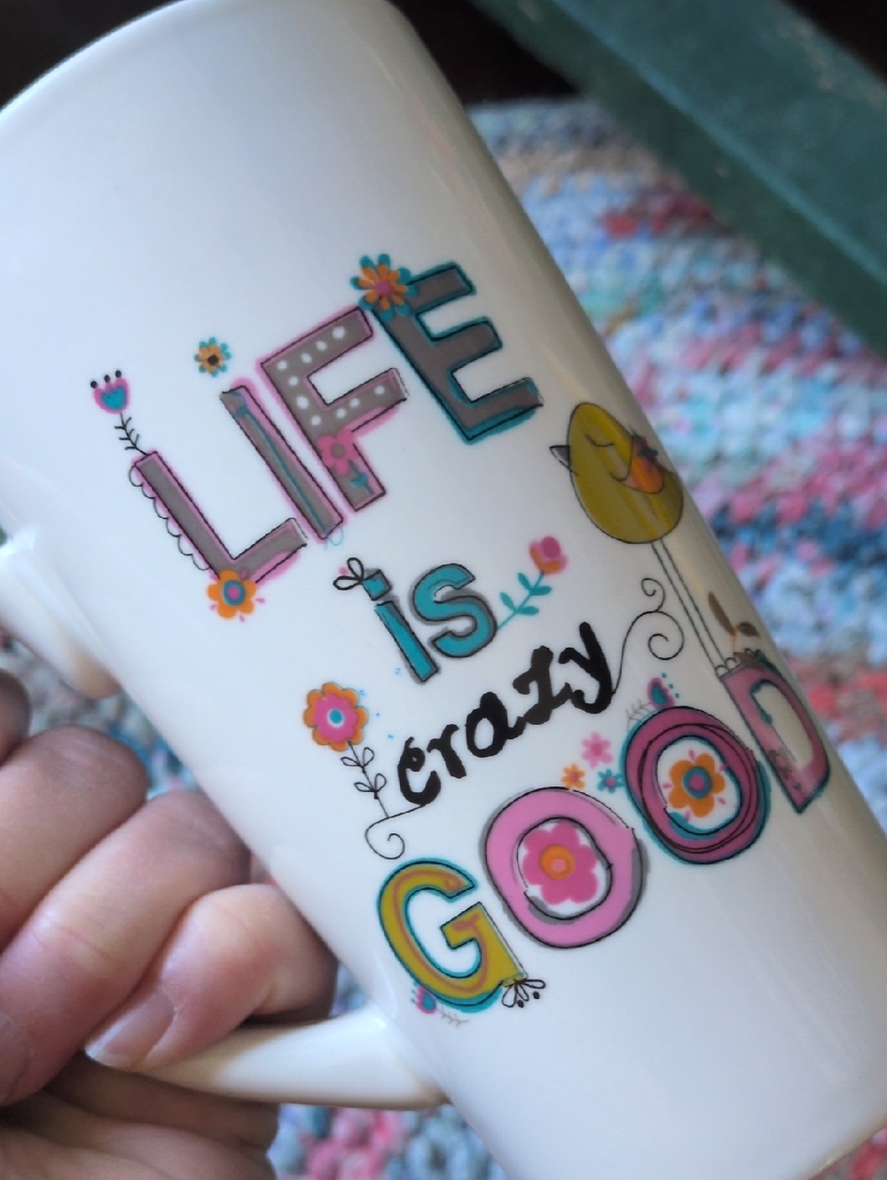 NATURAL LIFE I Tall Ceramic Mug with Colorful "Life is Crazy Good" Design
